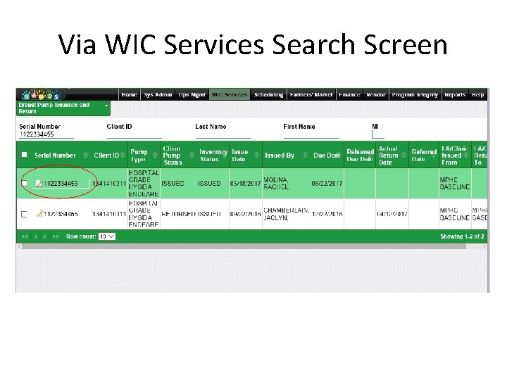 Via WIC Services Search Screen 