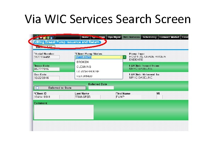 Via WIC Services Search Screen 