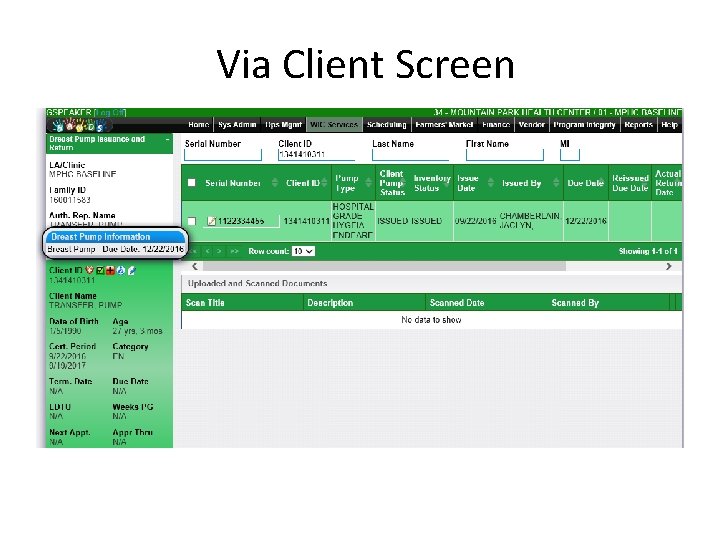 Via Client Screen 