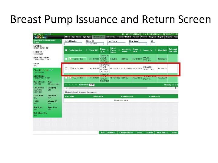 Breast Pump Issuance and Return Screen 