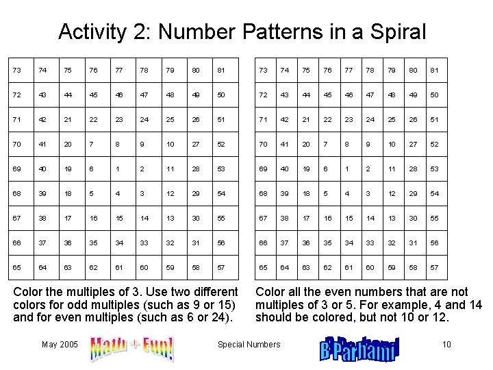 Activity 2: Number Patterns in a Spiral 73 74 75 76 77 78 79