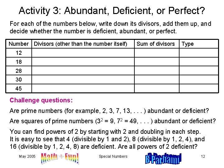 Activity 3: Abundant, Deficient, or Perfect? For each of the numbers below, write down