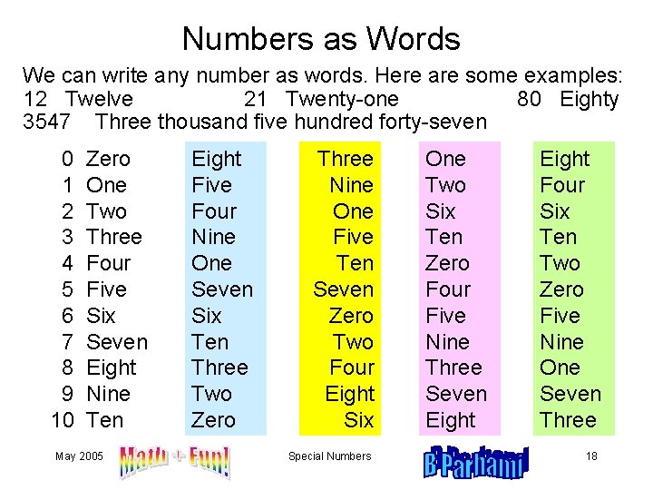Numbers as Words We can write any number as words. Here are some examples: