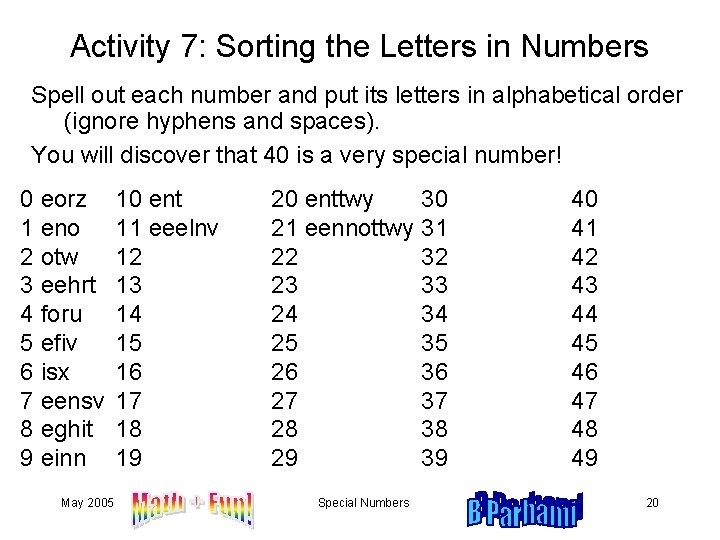 Activity 7: Sorting the Letters in Numbers Spell out each number and put its