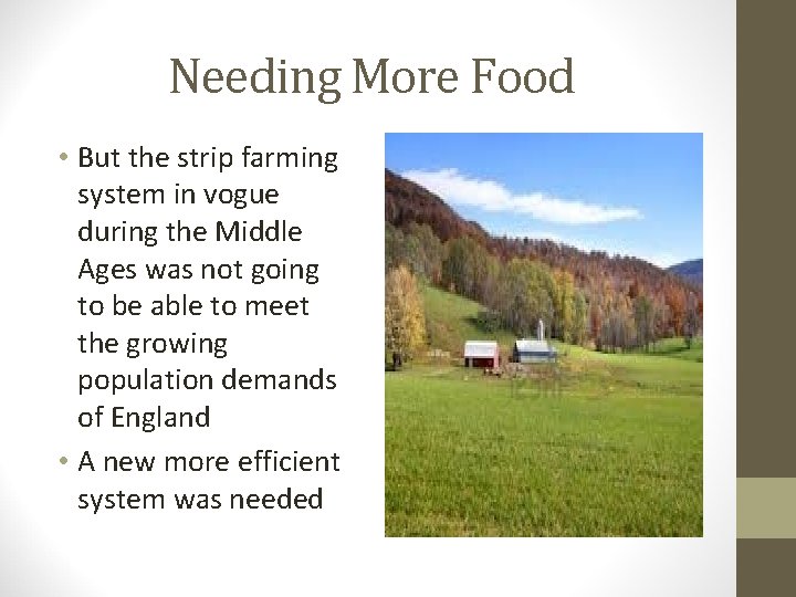 Needing More Food • But the strip farming system in vogue during the Middle