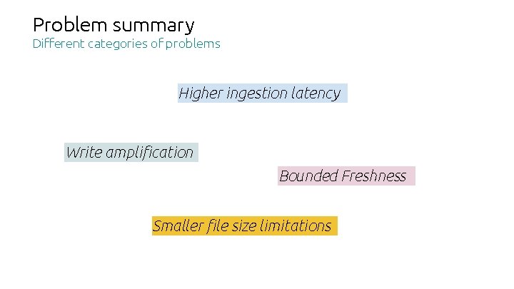 Problem summary Different categories of problems Higher ingestion latency Write amplification Bounded Freshness Smaller