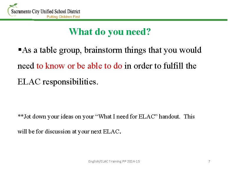 What do you need? §As a table group, brainstorm things that you would need