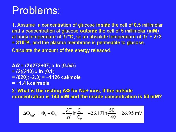 Problems: 1. Assume: a concentration of glucose inside the cell of 0. 5 millimolar