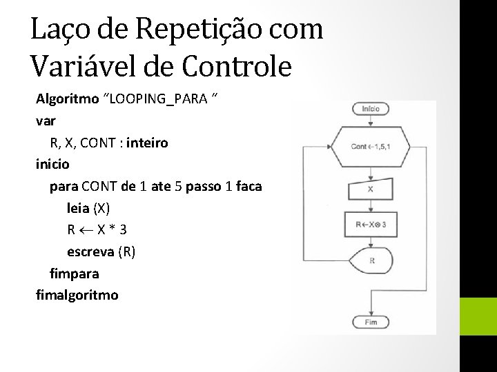 Laço de Repetição com Variável de Controle Algoritmo “LOOPING_PARA “ var R, X, CONT
