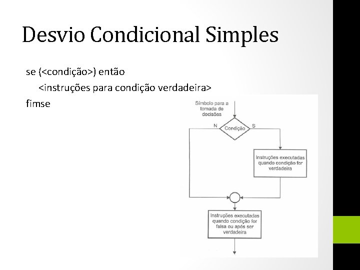 Desvio Condicional Simples se (<condição>) então <instruções para condição verdadeira> fimse 