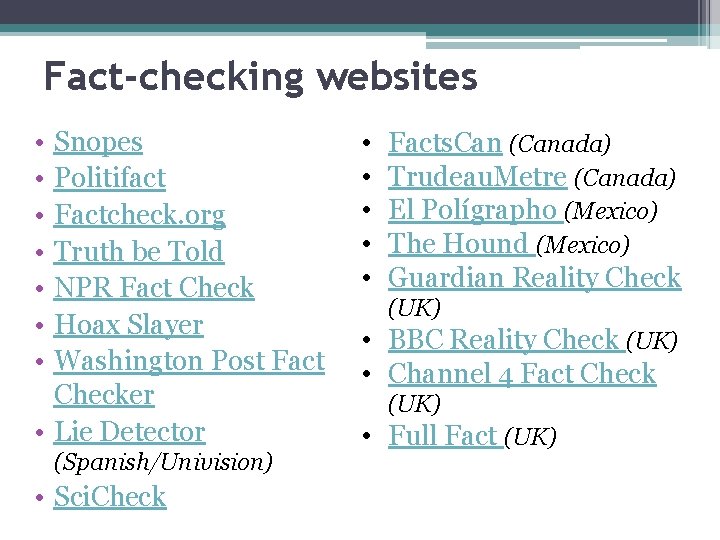 Fact-checking websites • • Snopes Politifact Factcheck. org Truth be Told NPR Fact Check