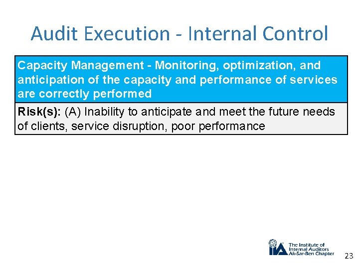 Audit Execution - Internal Control Capacity Management - Monitoring, optimization, and anticipation of the