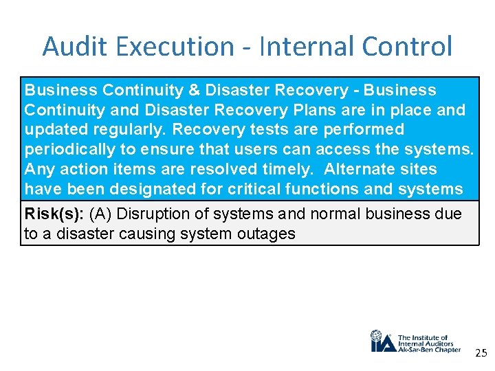 Audit Execution - Internal Control Business Continuity & Disaster Recovery - Business Continuity and
