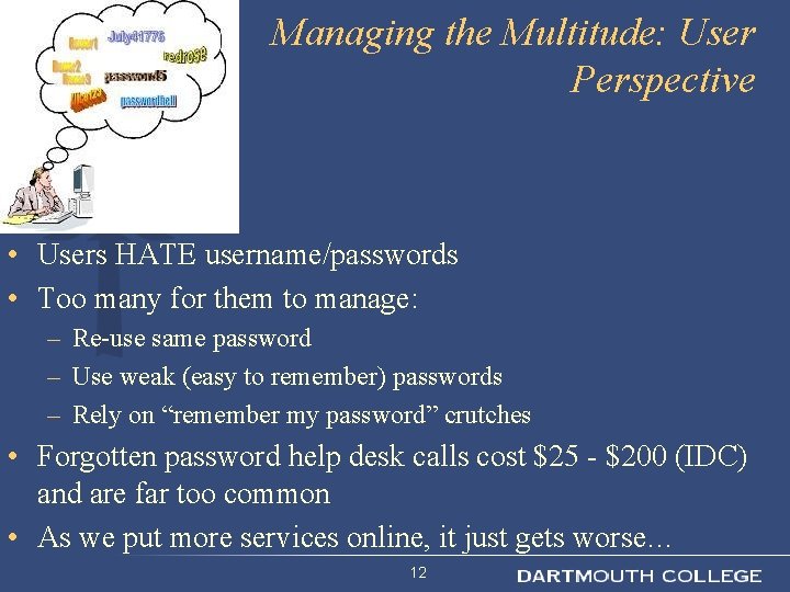 Managing the Multitude: User Perspective • Users HATE username/passwords • Too many for them
