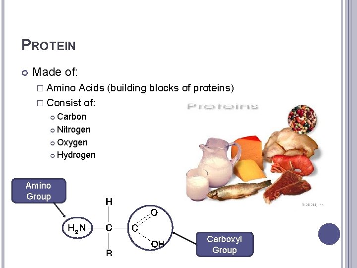 PROTEIN Made of: � Amino Acids (building blocks of proteins) � Consist of: Carbon