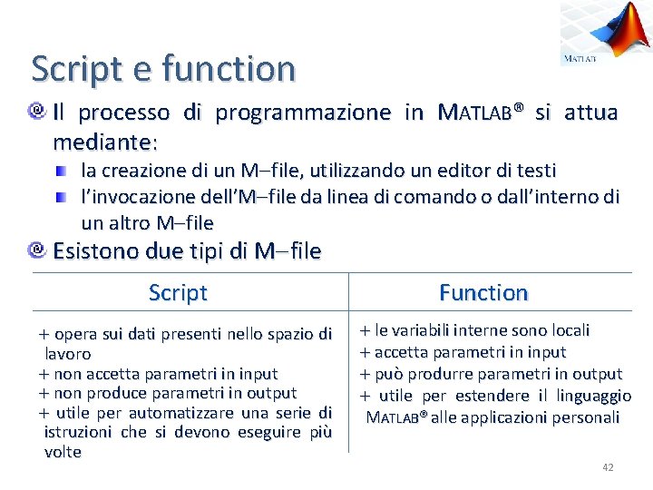 Script e function Il processo di programmazione in MATLAB® si attua mediante: la creazione