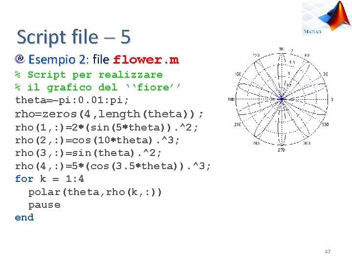 Script file 5 Esempio 2: file flower. m % Script per realizzare % il