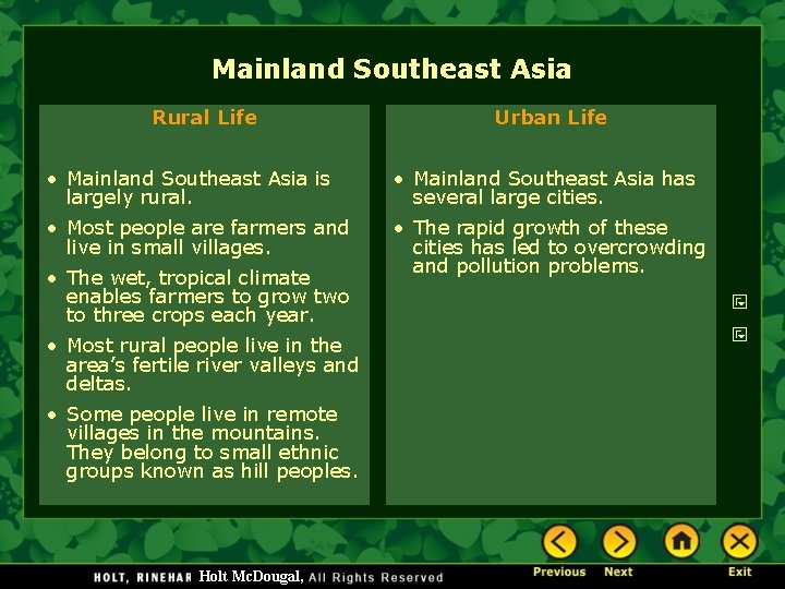 Mainland Southeast Asia Rural Life Urban Life • Mainland Southeast Asia is largely rural.