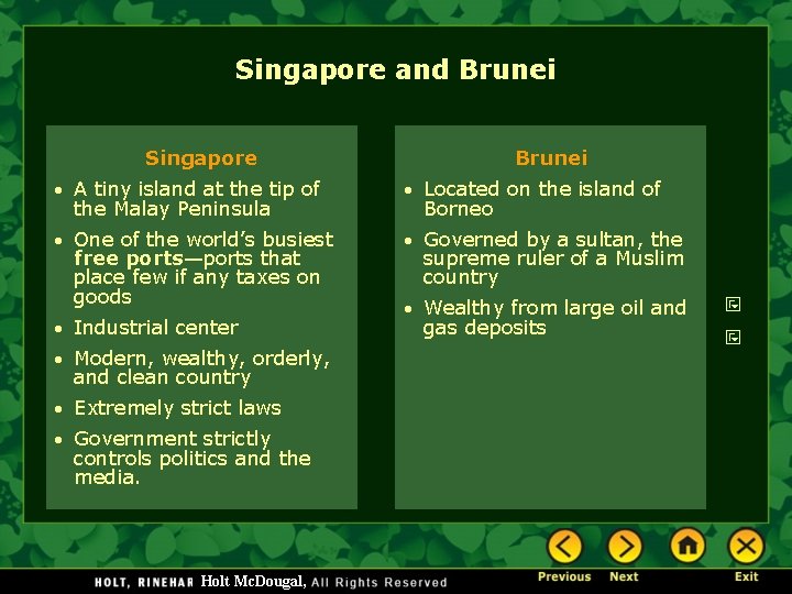 Singapore and Brunei Singapore Brunei A tiny island at the tip of the Malay
