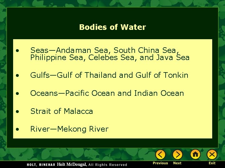 Bodies of Water • Seas—Andaman Sea, South China Sea, Philippine Sea, Celebes Sea, and