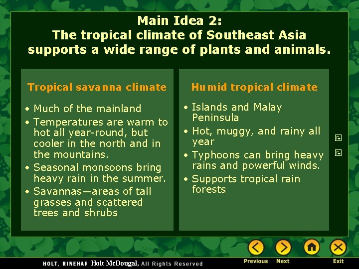 Main Idea 2: The tropical climate of Southeast Asia supports a wide range of