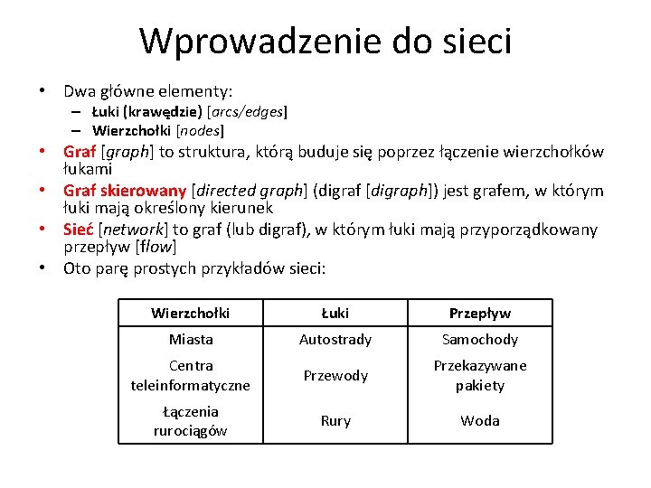 Wprowadzenie do sieci • Dwa główne elementy: – Łuki (krawędzie) [arcs/edges] – Wierzchołki [nodes]