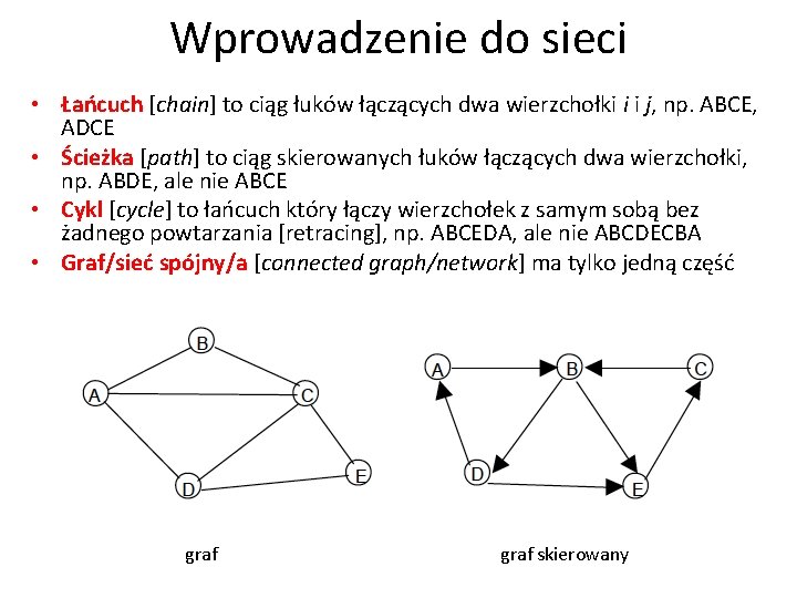 Wprowadzenie do sieci • Łańcuch [chain] to ciąg łuków łączących dwa wierzchołki i i