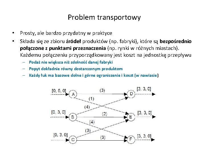 Problem transportowy • Prosty, ale bardzo przydatny w praktyce • Składa się ze zbioru