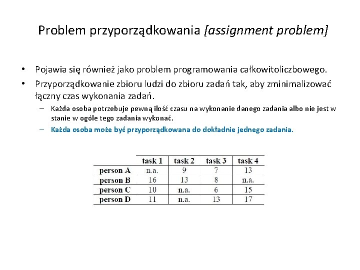 Problem przyporządkowania [assignment problem] • Pojawia się również jako problem programowania całkowitoliczbowego. • Przyporządkowanie