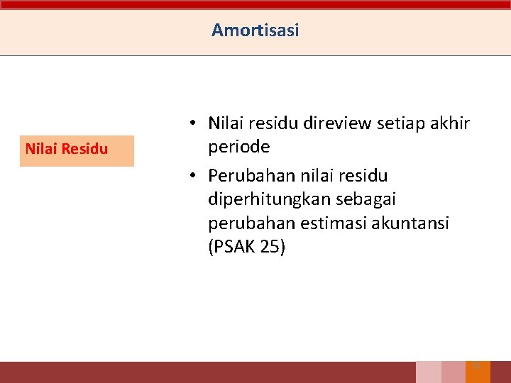 Amortisasi Nilai Residu • Nilai residu direview setiap akhir periode • Perubahan nilai residu