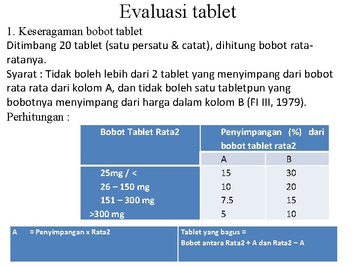 Evaluasi tablet 1. Keseragaman bobot tablet Ditimbang 20 tablet (satu persatu & catat), dihitung