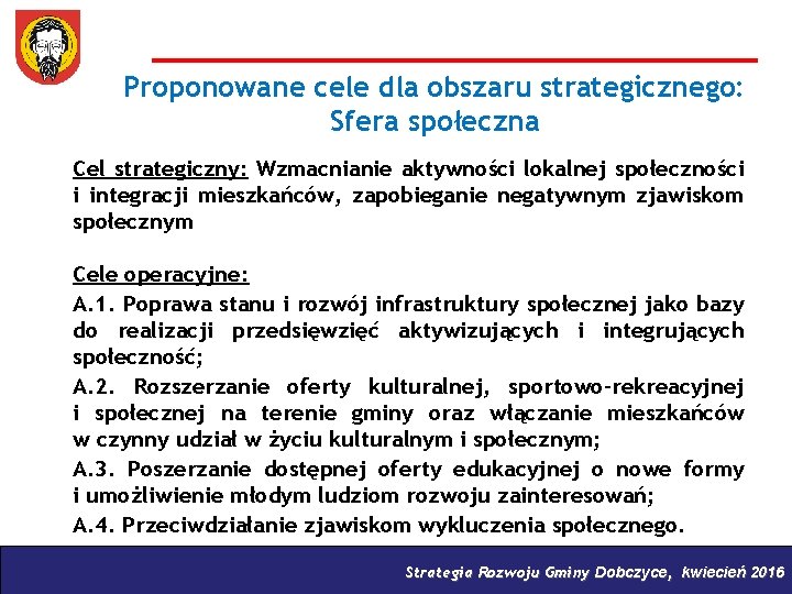 Proponowane cele dla obszaru strategicznego: Sfera społeczna Cel strategiczny: Wzmacnianie aktywności lokalnej społeczności i