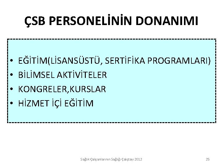 ÇSB PERSONELİNİN DONANIMI • • EĞİTİM(LİSANSÜSTÜ, SERTİFİKA PROGRAMLARI) BİLİMSEL AKTİVİTELER KONGRELER, KURSLAR HİZMET İÇİ