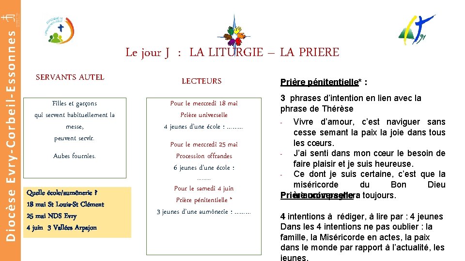 Diocèse Evry-Corbeil-Essonnes Le jour J : LA LITURGIE – LA PRIERE SERVANTS AUTEL Filles