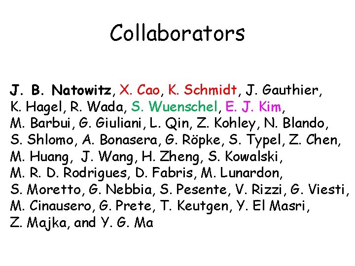 Collaborators J. B. Natowitz, X. Cao, K. Schmidt, J. Gauthier, K. Hagel, R. Wada,