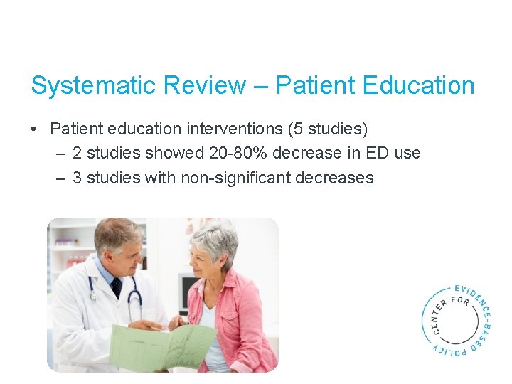 Systematic Review – Patient Education • Patient education interventions (5 studies) – 2 studies