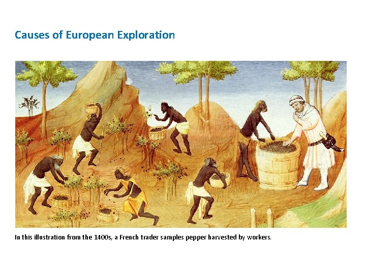 Causes of European Exploration In this illustration from the 1400 s, a French trader