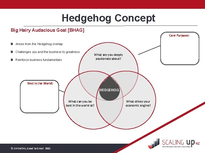 Hedgehog Concept Big Hairy Audacious Goal [BHAG] Core Purpose: Arises from the Hedgehog overlap