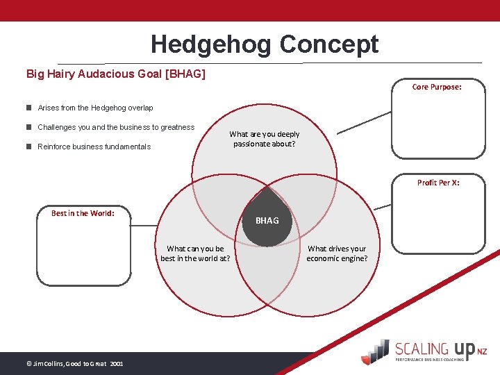 Hedgehog Concept Big Hairy Audacious Goal [BHAG] Core Purpose: Arises from the Hedgehog overlap