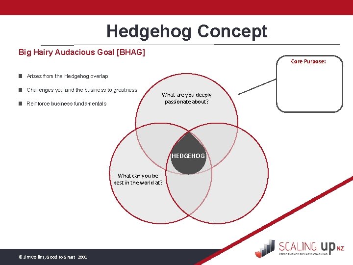 Hedgehog Concept Big Hairy Audacious Goal [BHAG] Core Purpose: Arises from the Hedgehog overlap