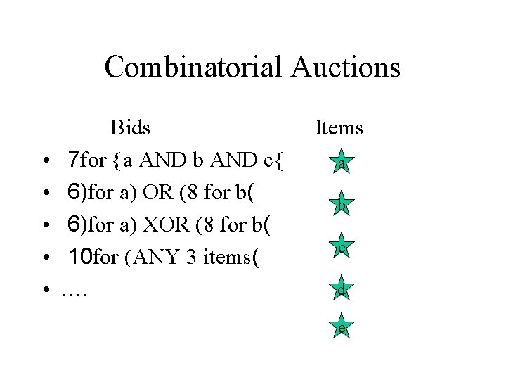 Combinatorial Auctions • • • Bids 7 for {a AND b AND c{ 6)for