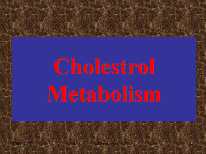 Cholestrol Metabolism 10/30/2020 Metabolism of Acylglycerols-Piry 14 