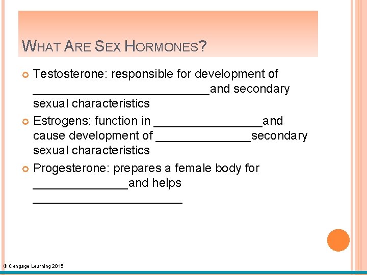 WHAT ARE SEX HORMONES? Testosterone: responsible for development of _____________and secondary sexual characteristics Estrogens: