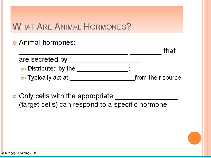 WHAT ARE ANIMAL HORMONES? Animal hormones: ______________ that are secreted by _________ Distributed by