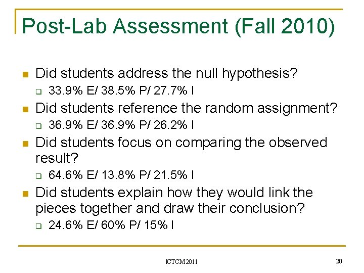 Post-Lab Assessment (Fall 2010) n Did students address the null hypothesis? q n Did