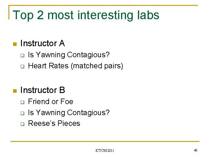 Top 2 most interesting labs n Instructor A q q n Is Yawning Contagious?