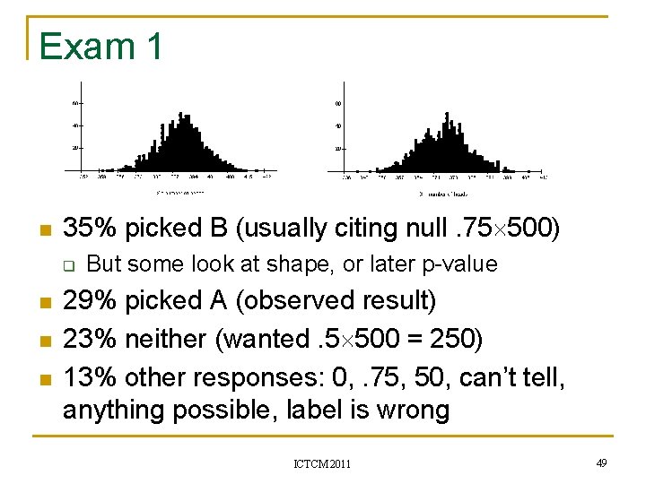 Exam 1 n 35% picked B (usually citing null. 75 500) q n n