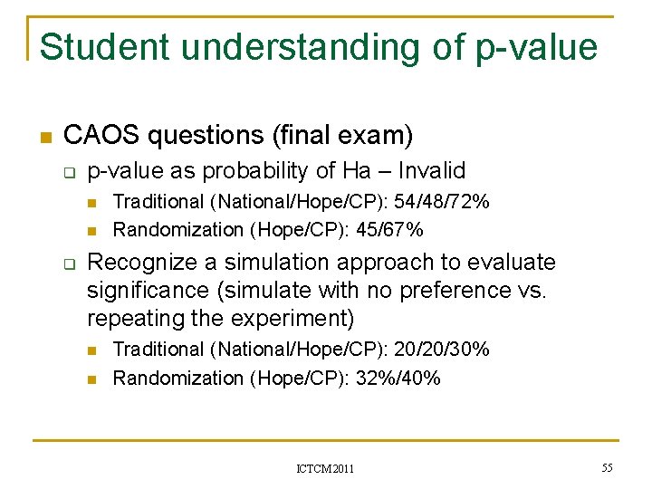 Student understanding of p-value n CAOS questions (final exam) q p-value as probability of