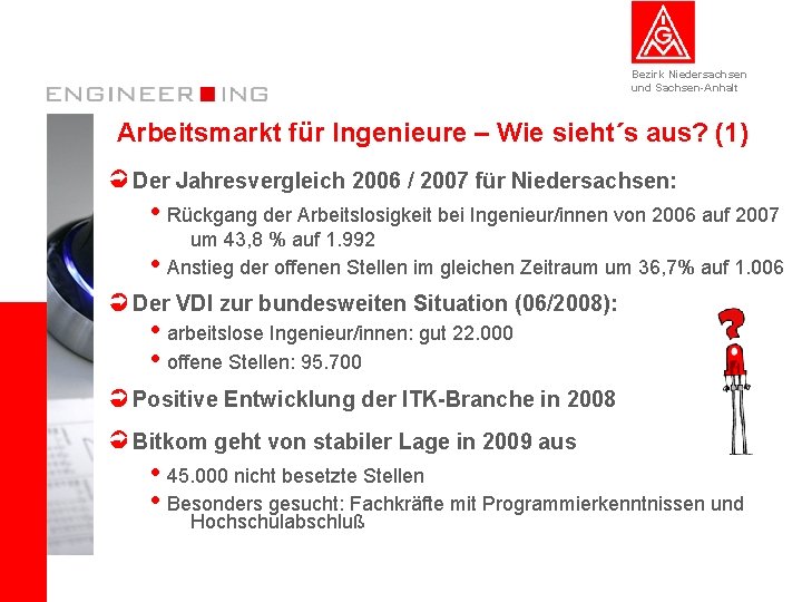 Bezirk Niedersachsen und Sachsen-Anhalt Arbeitsmarkt für Ingenieure – Wie sieht´s aus? (1) Der Jahresvergleich