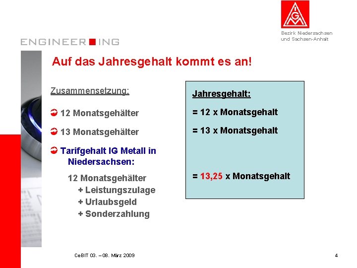 Bezirk Niedersachsen und Sachsen-Anhalt Auf das Jahresgehalt kommt es an! Zusammensetzung: Jahresgehalt: 12 Monatsgehälter